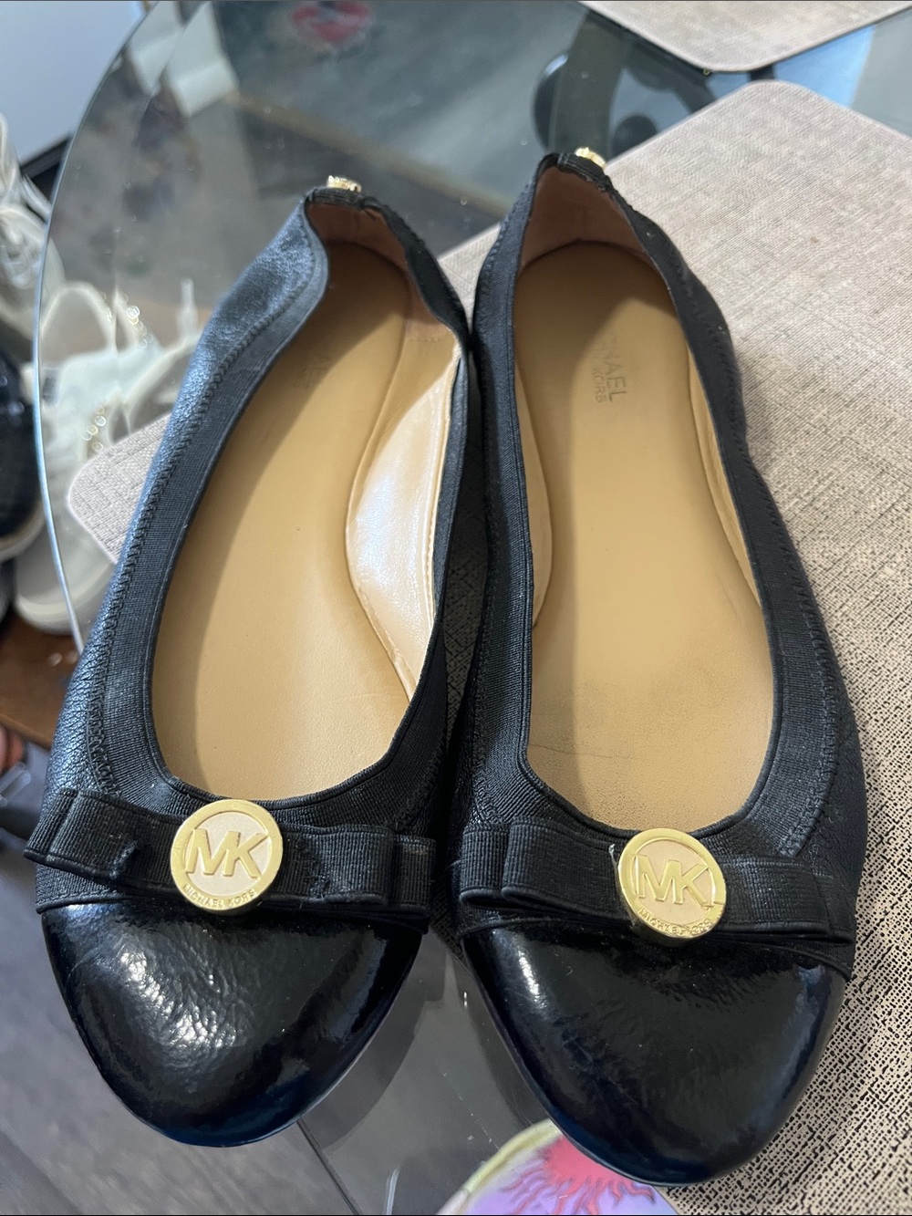 Michael Kors Black Patent & Fabric Ballet Flats with Gold MK Medallion